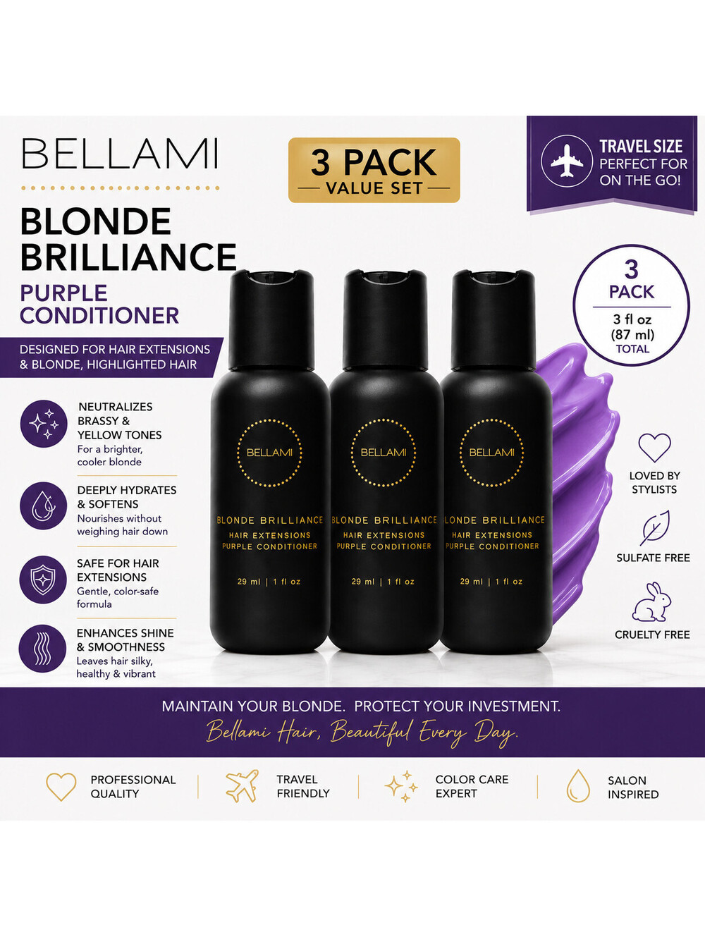 Bellami Blonde Brilliance Purple Conditioner 3-Pack Travel Size 1oz Extensions